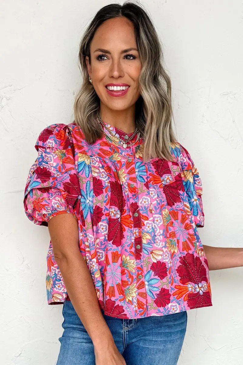 Pink Floral Print Bubble Sleeve Button Up Pleated Shirt - Love Salve